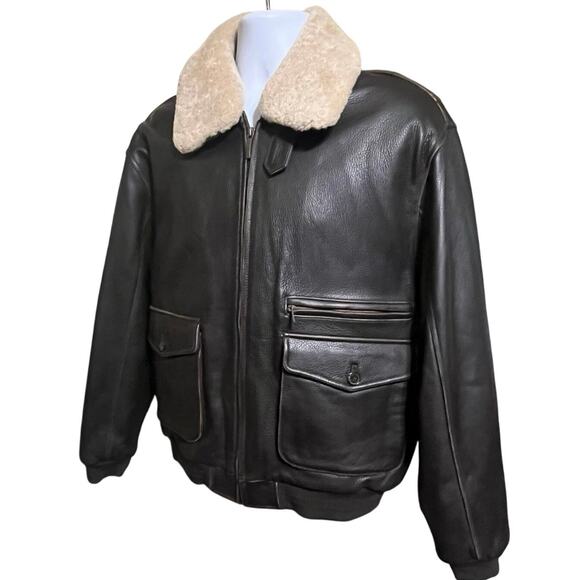 Vtg Aviator Leather Bomber Jacket/Coat Wool Collar Lg Dark Brown Flight Pilot - Picture 3 of 11